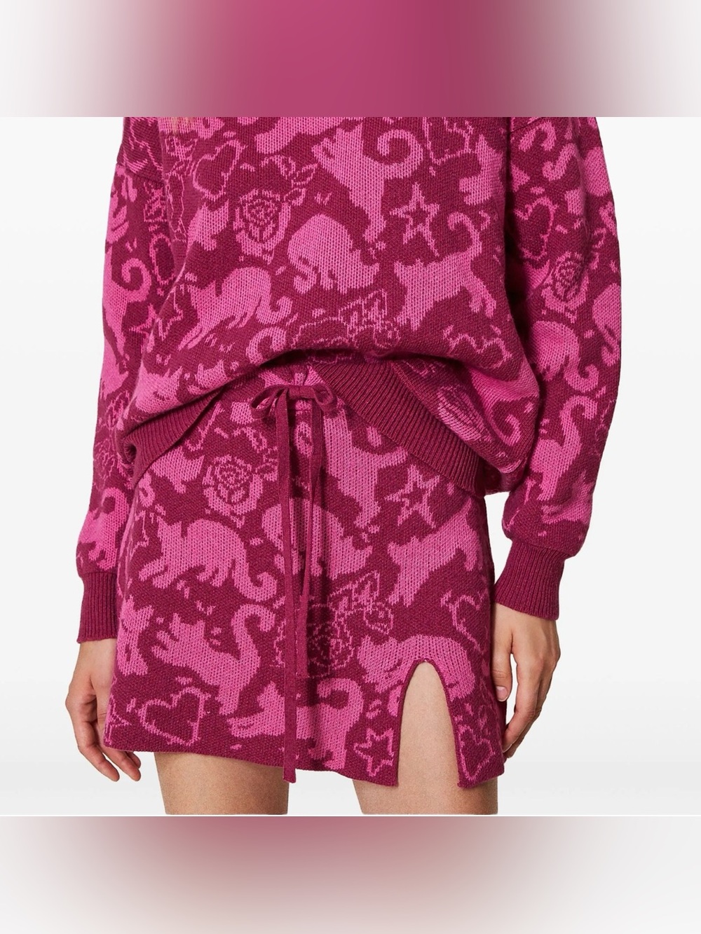 Twin-Set Fuchsia and Magenta Jacquard Drawstring Mini Skirt
